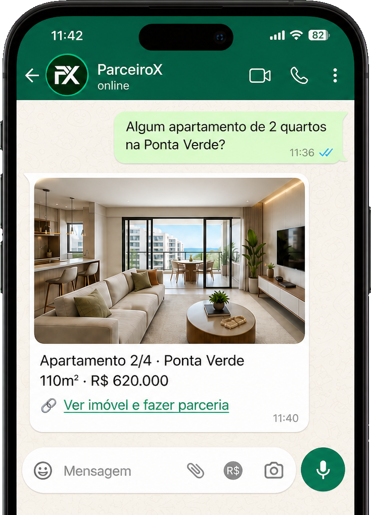 WhatsApp do ParceiroX: o corretor pergunta por um apartamento e recebe o imóvel com link para fechar parceria